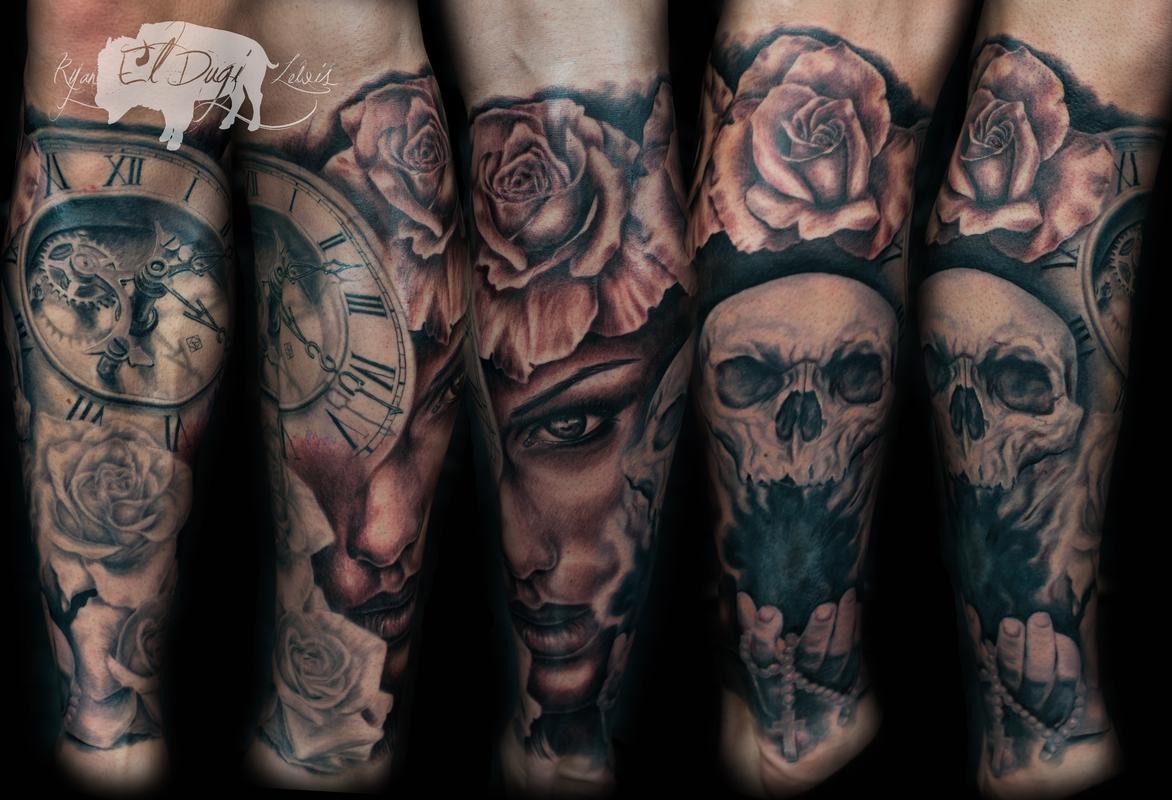 Tattoos - Clock Skull Rose Girl Leg Sleeve - 100461